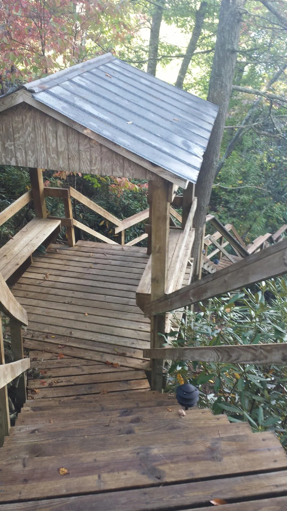 Metal roofed shelter over wooden steps on a wooded walkway — Skylight Repair & Installation work by our crew in Arcanum